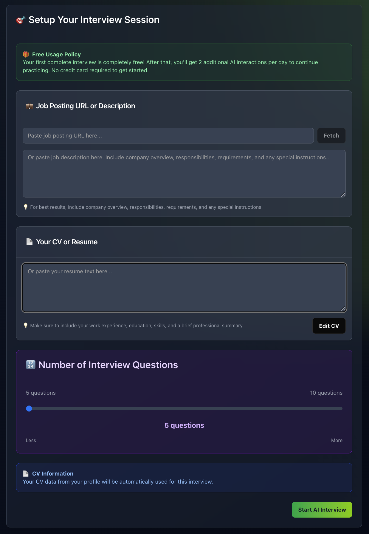 New Interview Setup Interface